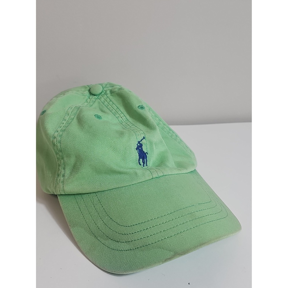 Vintage Polo Ralph Lauren Green Hat Cap Blue Pony Strap Adjustable STAIN